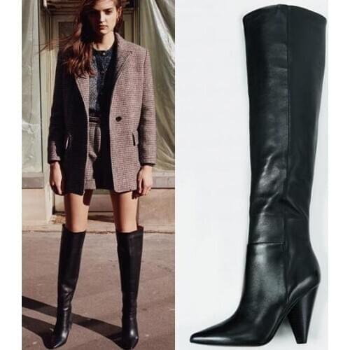 Winter New Hot Ladys Solid Black Genuine Leather Pointed Toe 8 cm Heels Spike Heels Slip On Knee High Long Knight Boots