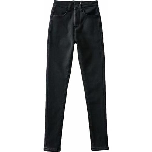 Winter new style street casual solid color plus velvet thick stretch jeans women, high waist all-match thin and warm jeans women