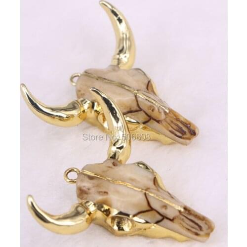 ZYZ-C3558 3PCS Cattle head pendant charms Beads, Skull Bull Head pendants, Gold Resin Buffalo Skull pendant Charms