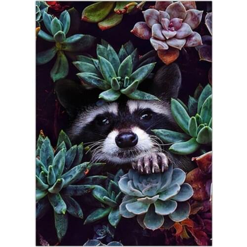 Diamond Embroidery 5D Animal Art Raccoon Jungle Wall Sticker Diy Diamond Painting Succulent Plant for Living Room CuadrosZP-4484