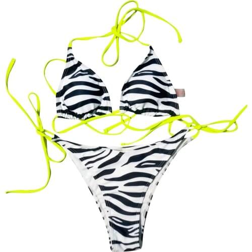 Women’s Sexy Two Piece Bikini Fashion Zebra Pattern Halter Tops and Lace-up Low Waist Thong Swimsuits
