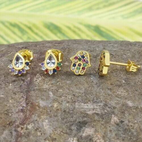 CZ Micro Pave Fatima Hand Earrings for Women Multi Color Ear Studs Earring main de fatma collier Girls Super Small Earring Studs