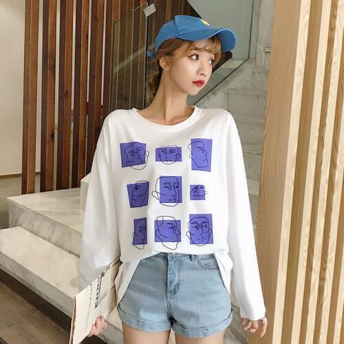 T-Shirts 2018 New Brand Ladies Women Casual Fashion Autumn O-Neck Print Long Sleeve Face Tops T-Shirt