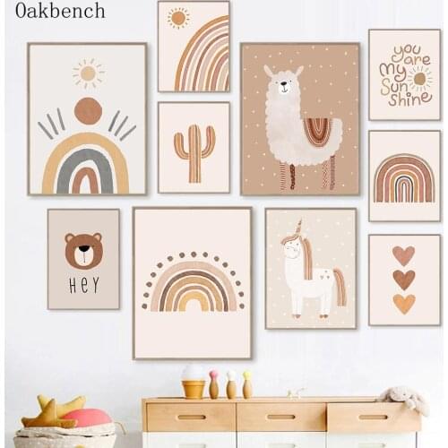 Unicorn Art Painting Alpaca Canvas Poster Rainbow Wall Art Print Cactus Posters Boho Nursery Wall Pictures Baby Room Decoration