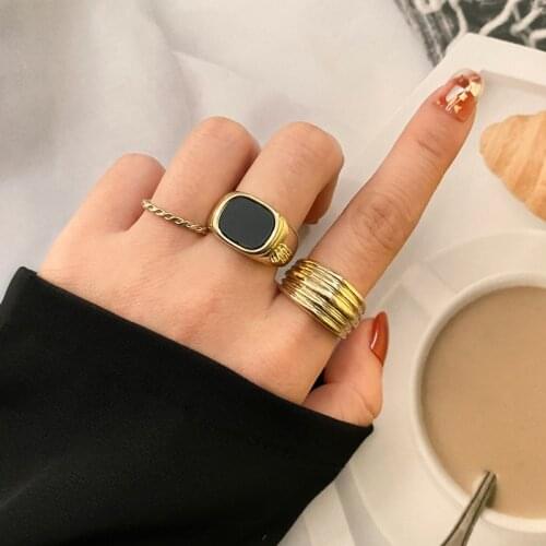 FAMSHIN 3pcs/set Vintage Black Drop Glaze Oval Shaped Rings Set For Women Trendy Gold Color Ring 2021 NEW Fashion Jewelry Gift