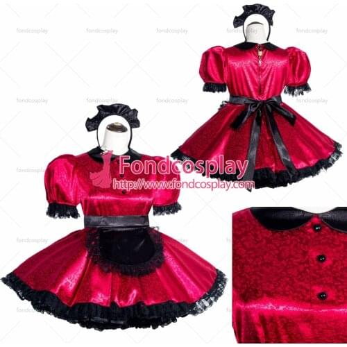 Fondcosplay adult sexy cross dressing sissy maid short French Lockable Red Satin Dress Uniform Costume Tailor-made[G4000]