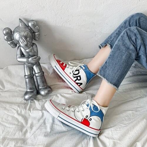 Anime Doraemon White Canvas Shoes Casual Sneakers Student High Top Sports Shoes Boy Girl Woman Man Shoes Spring Autumn