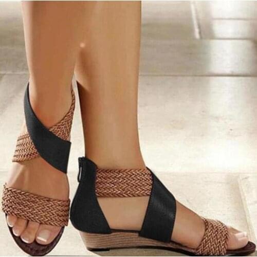 Fashion New Fish Mouth Leather Canvas Women Weave Wedge Heel Shoes Zipper Sandals Casual Beach Sandals Roman Shoes