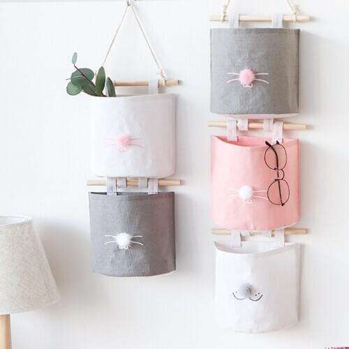 Cartoon Hanging Storage Bag Cotton Linen Wardrobe Hang Bag Wall Pouch Nordic Hanging Organizer Container For Home Decor