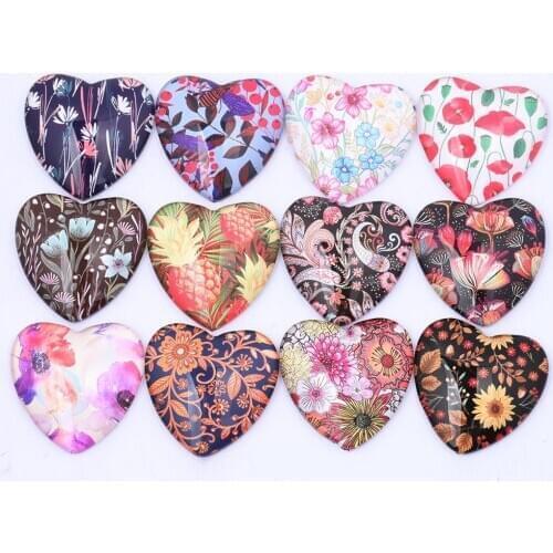 Onwear 20pcs 25mm Heart Cabochon glass mixed flower pattern photo diy for jewelry making supplies