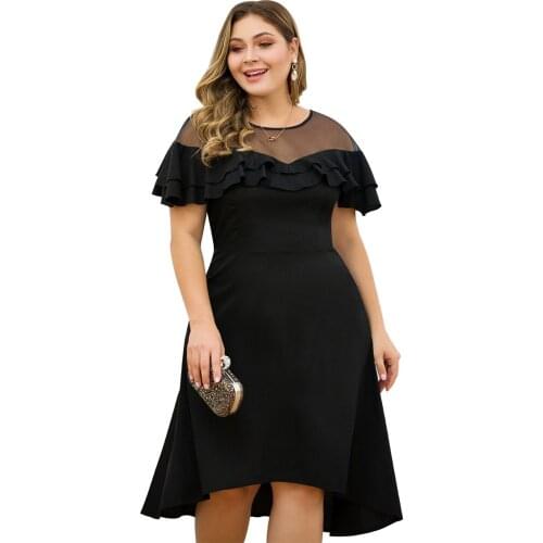 Original Women Dovetail Dress Black Mesh Stitching 2019 Fashion Ladies Formal Vestidos Ruffles O-neck Plus 4XL Female Sexy Dress