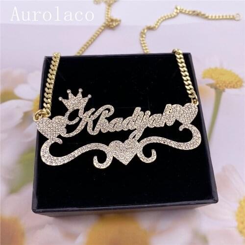 AurolaCo Custom Name Necklace with Diamond Custom Bling Name Necklace Stainless Steel Gold Nameplate Necklace For Women Gift