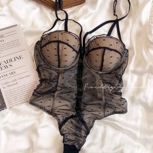 Europe America Detachable Buckle Jumpsuits Women Sexy Hollow Out Full Lace Sleepwear Push Up thin Cotton Cup Underwear Vest