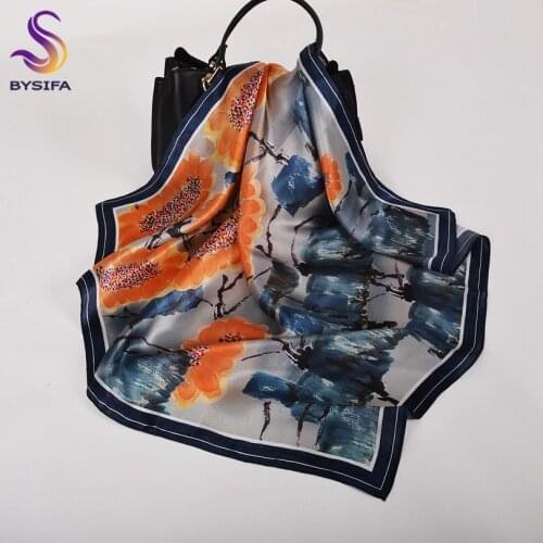 BYSIFA| New Orange Blue Sunflower Pure Silk Square Scarves Printed 70*70cm Elegant 100% Natural Silk Neck Scarf Women Fall Scarf