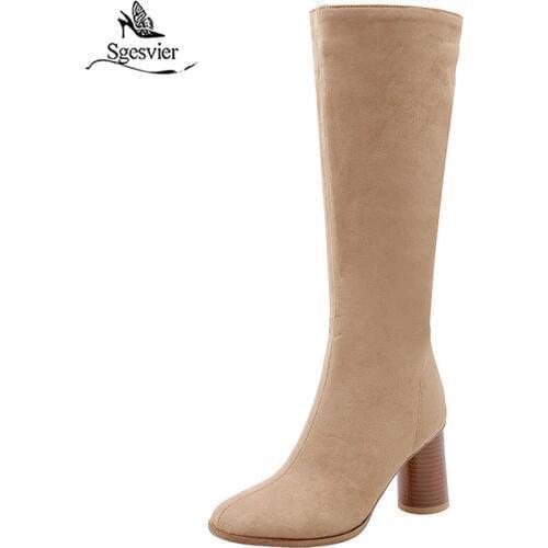 Sgesvier female womens winter snow warm boots stretch faux suede knee high boots black round high heels toe shoes ladies G711