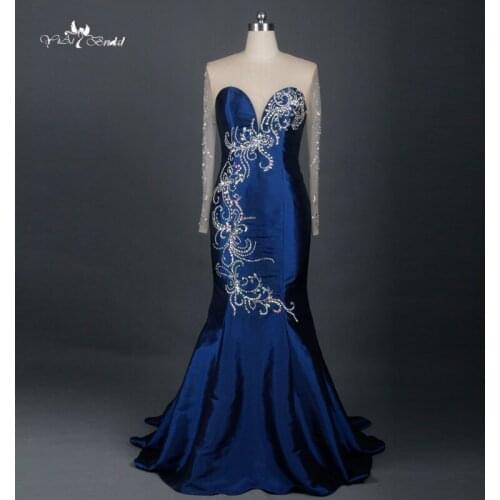 Navy Blue Real Picture Long Sleeve Evening Dress 2015 New Arrival Formal Dresses Taffeta With Beautiful Beading RE037