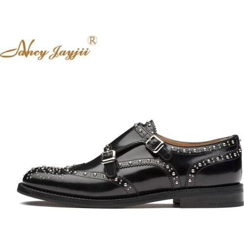 Genuine Leather Spikes Black Oxfords Rivets Flats Luxury Buckle Vamp Round Toe Office Shoe Woman Size 16 Slip on Low Heel Mature