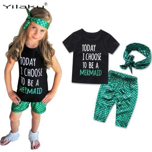 Yilaku Girls Clothing Sets Toddler Kids Girl Clothes Set Summer Short Sleeve T-shirt Tops + Mermaid Pant Outfit Child Suit CF532