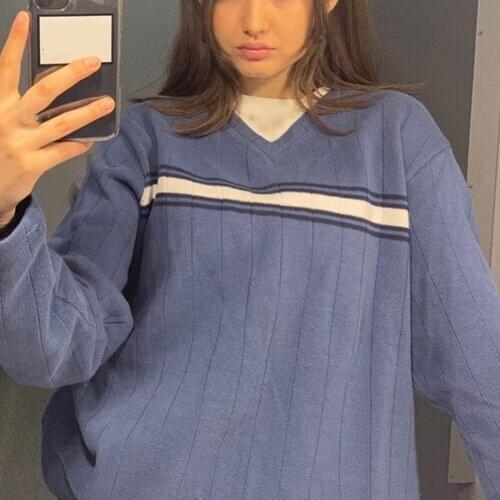 Women Pullovers Streetwear Long Sleeve V Neck Color Block Stripes Loose Knitted Tops Casual Pullover Tops Blue 2021 Autumn