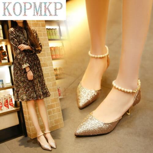 020Sexy Pointed toe Pearl High heels shoes Female Fashion hollow with Sandals Paillette of the Thin Breathable shoes Women Pumps