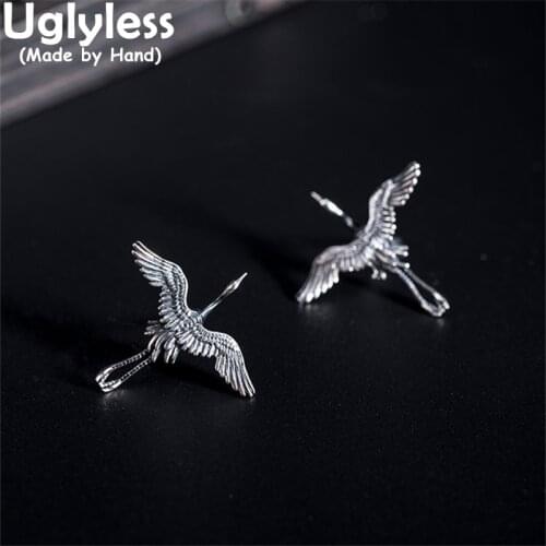 Uglyless Flying Cranes Studs Earrings for Women Handmade Animals Birds Brincos Thai Silver Vintage Earrings 925 Silver Jewelry