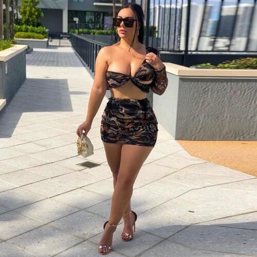 Serpentine Printed Sexy Two Piece Dress Set Women One Shoulder Asymmetrical Crop Top and Sheath Mini Skirts Streetwear Outfits