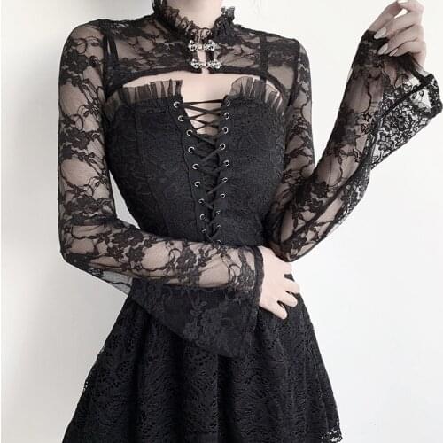 Medieval Women Black Shawl Temperament Gothic Long Sleeve Lace Out Crop Tops Stand Collar With Buttons Punk Flare Sleeves Tops