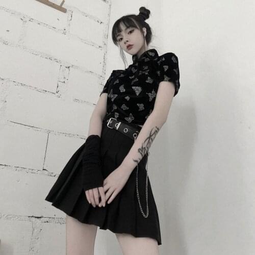 Gothic Style Black Women Dress Sets Embroidery Crop Top And Hight Waist Mini Pleated Skirts With Sashes 2021 Summer 2 Piece Set