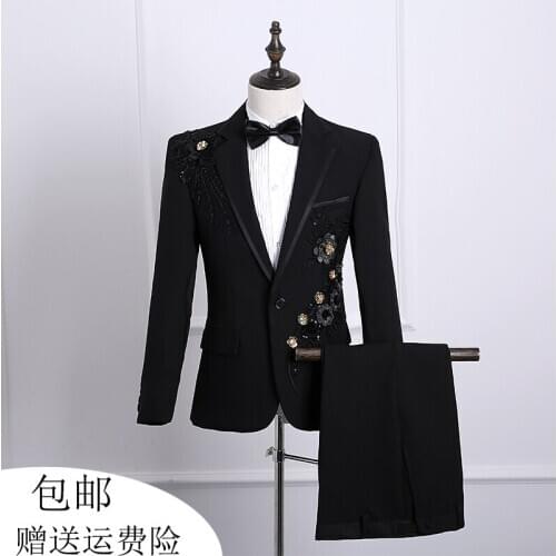 100%real mens black/white applique flower performance jacket/party/dance/sing/bar/stage performance/jacket &pants