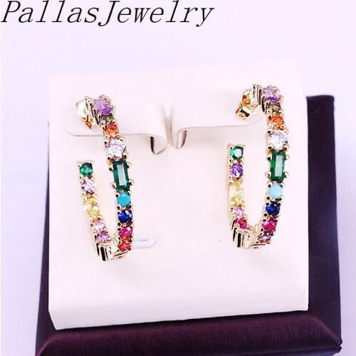 5Pairs Fashion Jewelry Gold Filled Colorful cubic zirconia Micro Pave circle Jewelry Stud Earring Shiny Rainbow Cz For Women