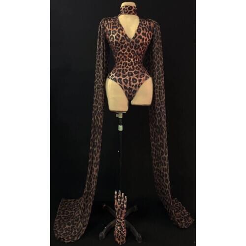 Sexy Leopard Printed Bodysuit V-neck Spandex Shawl Gloves Party Stage Outfit Women Dancer Singer Show Performance Costume