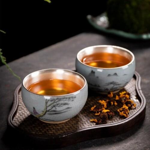 999 Pure Silver Teacup Handmade Ceramic Hand Painted Master Tea Cup Creative Small Tea Bowl Kung Fu Drinkware Office Water Mug