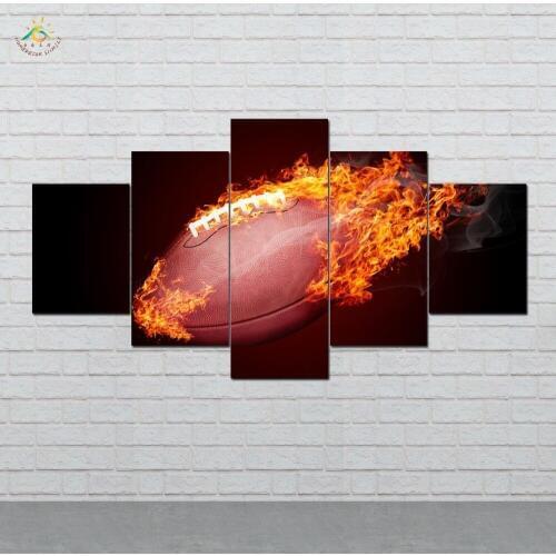 Burning Football On Fire Wall Art Canvas Painting Posters and Prints Decorative Picture Decoration Home For Living Room 5 PIECES