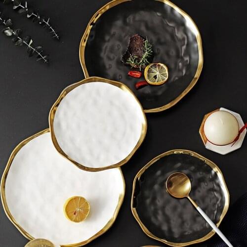 Nordic Ceramic Plate Fruit Salad Golden Plate Black Porcelain Tableware Plate Food Plate Ceramic Soup Bowl Restaurant