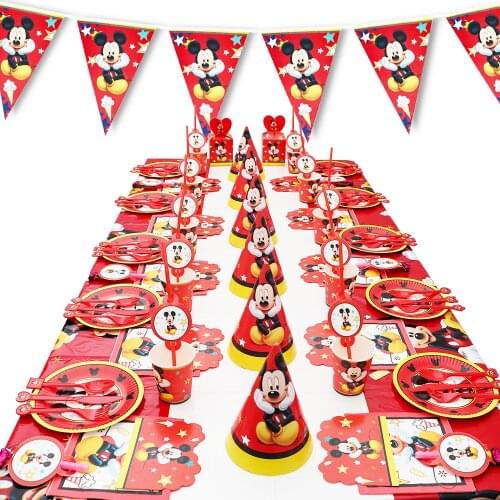 Red Mickey Mouse Kids Birthday Party Plates Cups Nakpin Straw Balloons Tableware Set Party Decoration Boys Baby Shower Supplies