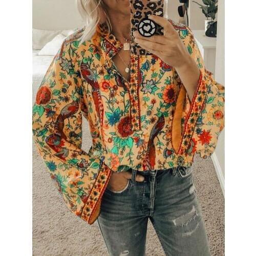 Trendy Ladies Women Long Sleeve Floral Print Loose Fit Shirts Blouse Female Girls Casual Autumn Boho Beach Tops Blouses Outwear