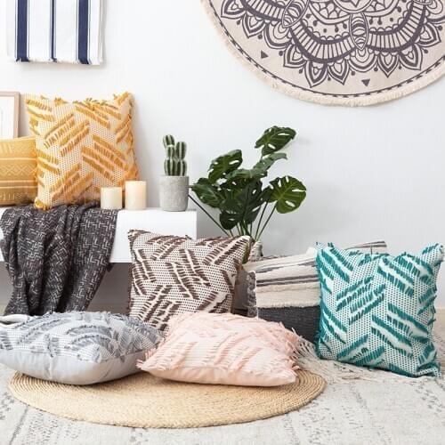 Tassels Cushion Cover Brown Pink Blue Yellow Floral Square Pillow case Stripe Twill Pillow Cover Home Decoration Sofa 45x45cm