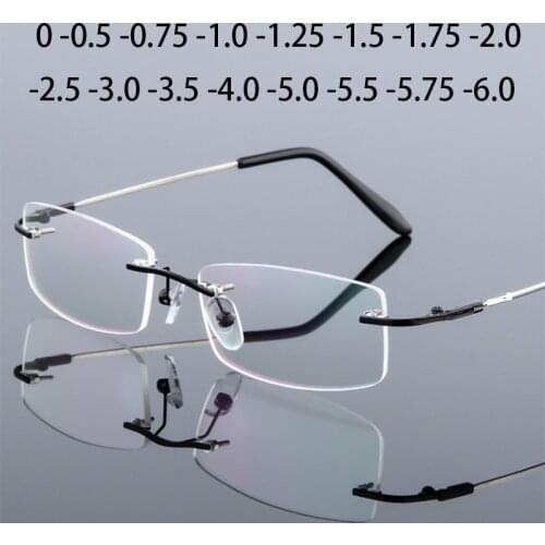 Anti Blue Light Titanium Alloy Framless Square Myopia Glasses Women Men Rimless Prescription Eyeglasses 0 -0.5 -0.75 To -6.0
