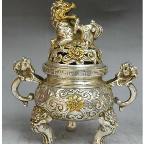 Silver Gilt Dragon Lion Flower Pixiu Pi Xiu Beast Incense Burner Censer Pot