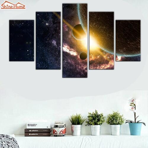 ShineHome-5 Panel Wall Oil Printing Painting Prints on Canvas Living Room TV Background Walls Space Starry Home Decor Art Framed