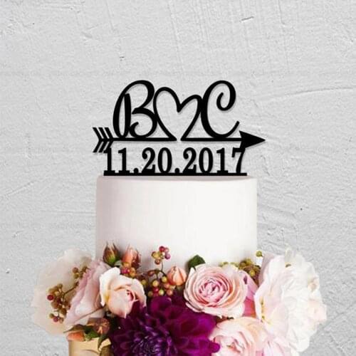 Wedding Name Mumber Cake Topper,Initials Arrow Date Acrylic Silver Black Gold Wooden Cake Topper Personalized Cake Topper