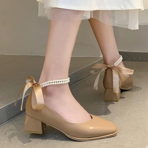 Spring Autumn Women Dress Shoes Square Toe String Bead Pumps Cross-tied High Heels Back Bowtie Ankle Strap Woman Shoes 9308G