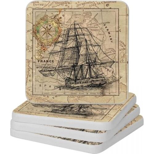 Vintage Pirate Ship Sailor Antique World Map Diatomite Square Round Coaster Resistant Water Cup Bonsai Mat Soap Pad Diameter 10