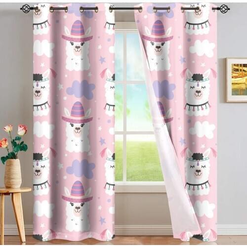 Gradient Blackout Window Curtains Cute Alpaca Print for Home Decor Thermal Insualted Window Draperies European Style Curtain