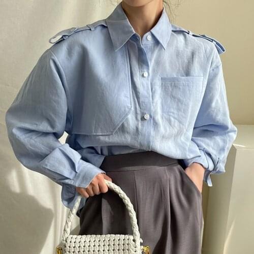 ZCSMLL Korean summer autumn all-match blue shirt lapel design single-breasted loose solid color long-sleeved blouse women