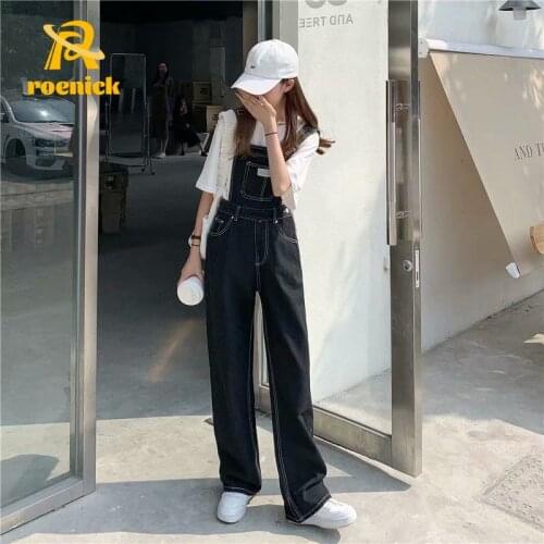 ROENICK Women Black Denim Jumpsuits Straight Loose Chic Straps Trousers Korean Preppy Retro High Waist Jeans Wide-Leg Rompers