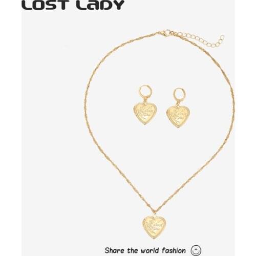 Lost Lady Lovely Heart Pendant Necklace Earrings Sets for Women Fashion Gold Color Alloy Chain Jewelry Sets Female Party Gift