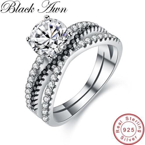 [BLACK AWN] 3.9g 925 Sterling Silver Jewelry Trendy Wedding Rings for Women Black Spinel Engagement Ring Femme Bague C155