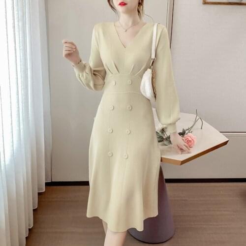 Vintage Hepburn Temperament Knitted Dress V Neck Long Lantern Sleeve Apricot/Black Sweater Dress Ruched Double Breasted Dress