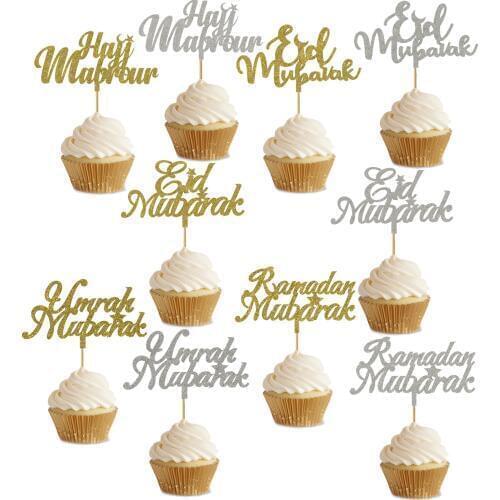 1000 Pieces Glitter Gold Silver Eid Mubarak Ramadan Mubarak Umrah Mubarak Hajj Mabrour Cupcake Toppers For EID Party Decoration